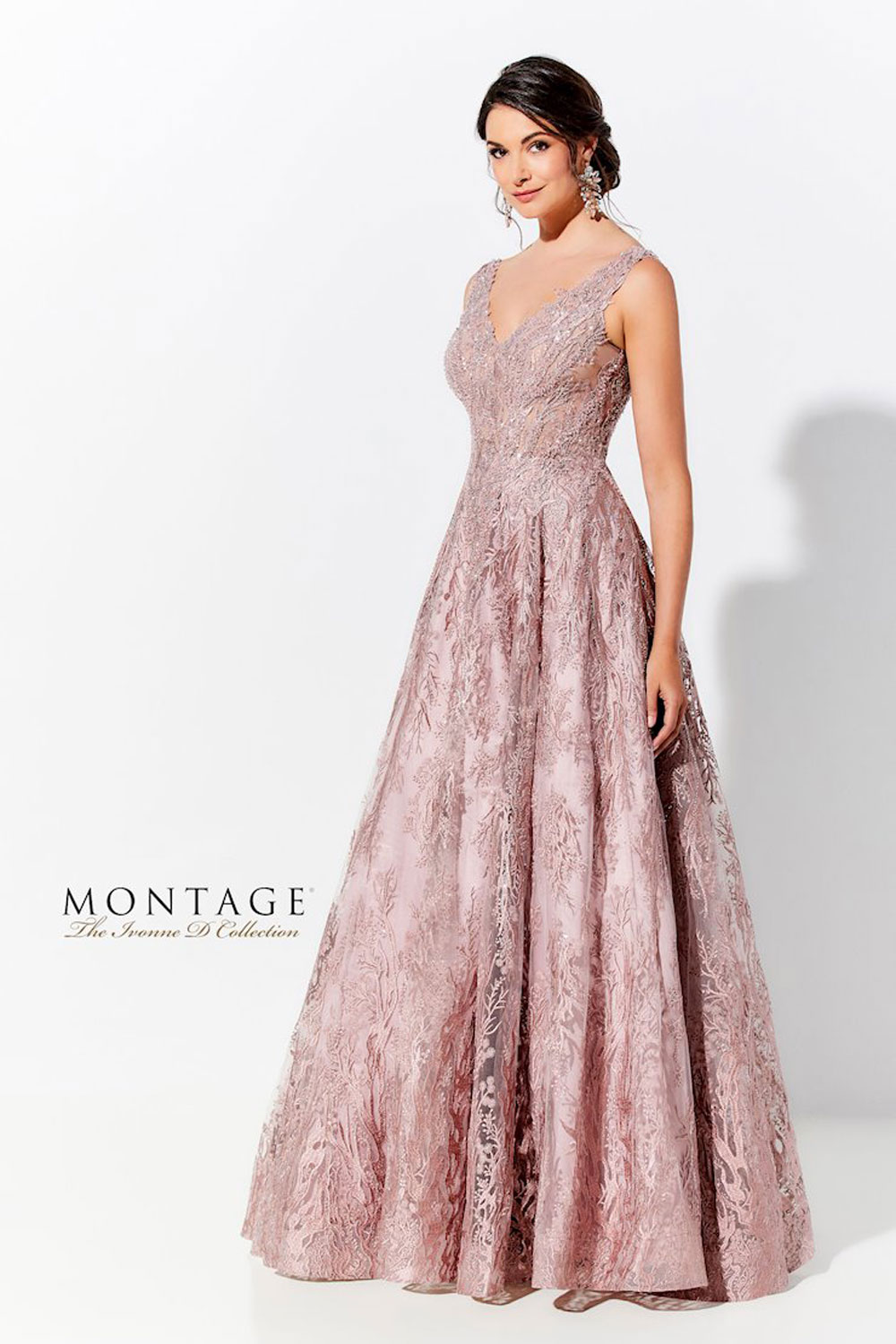 Ball gown evening dress, with illusion V-neckline & detachable flutter sleeves
