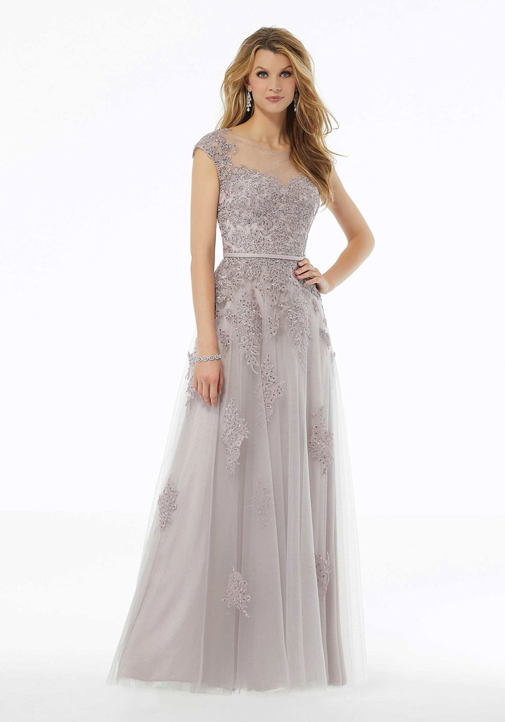 A-Line evening gown with beaded lace appliqués